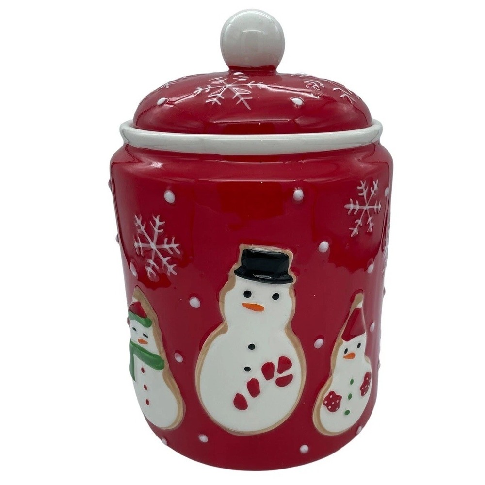 Hallmark‎ Exclusive Cookie Jar Red with Snowmen and Snowflakes EUC